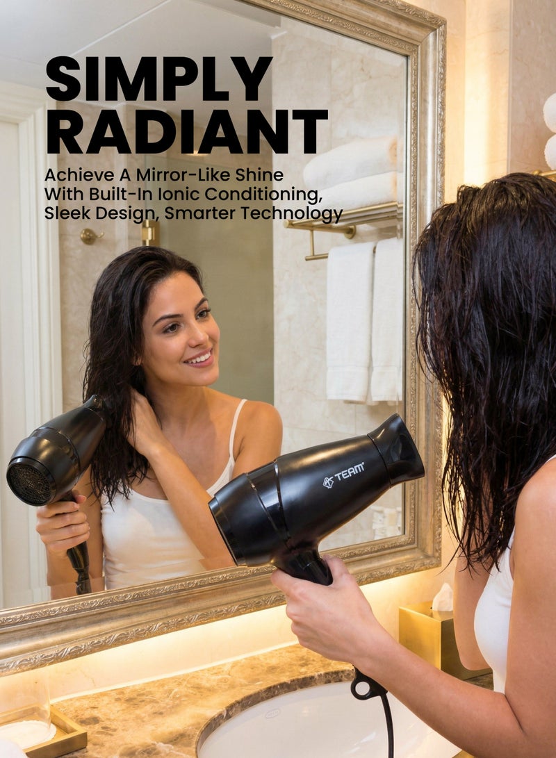 تيم Team Professional Hair Dryer 1400W | Powerful Lightweight Hair Blower with Concentrator Nozzle | 2-Speed Heat Settings | Compact Travel Hair Dryer for Fast Drying | 220–240V - Image 2